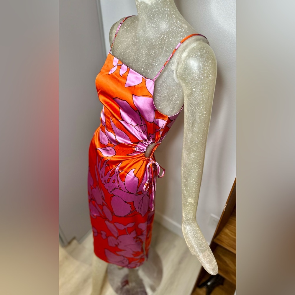 Christian LaCroix Women’s Satin Floral Midi Dress w/ Side Cut-outs. Size Small